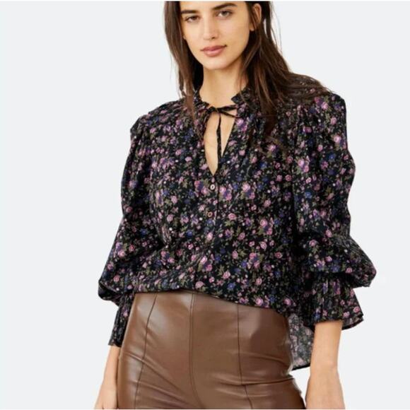Free People Peasant Blouse Floral  Meadow Top Women S Meant To Be Dark Ruffle - Picture 1 of 11